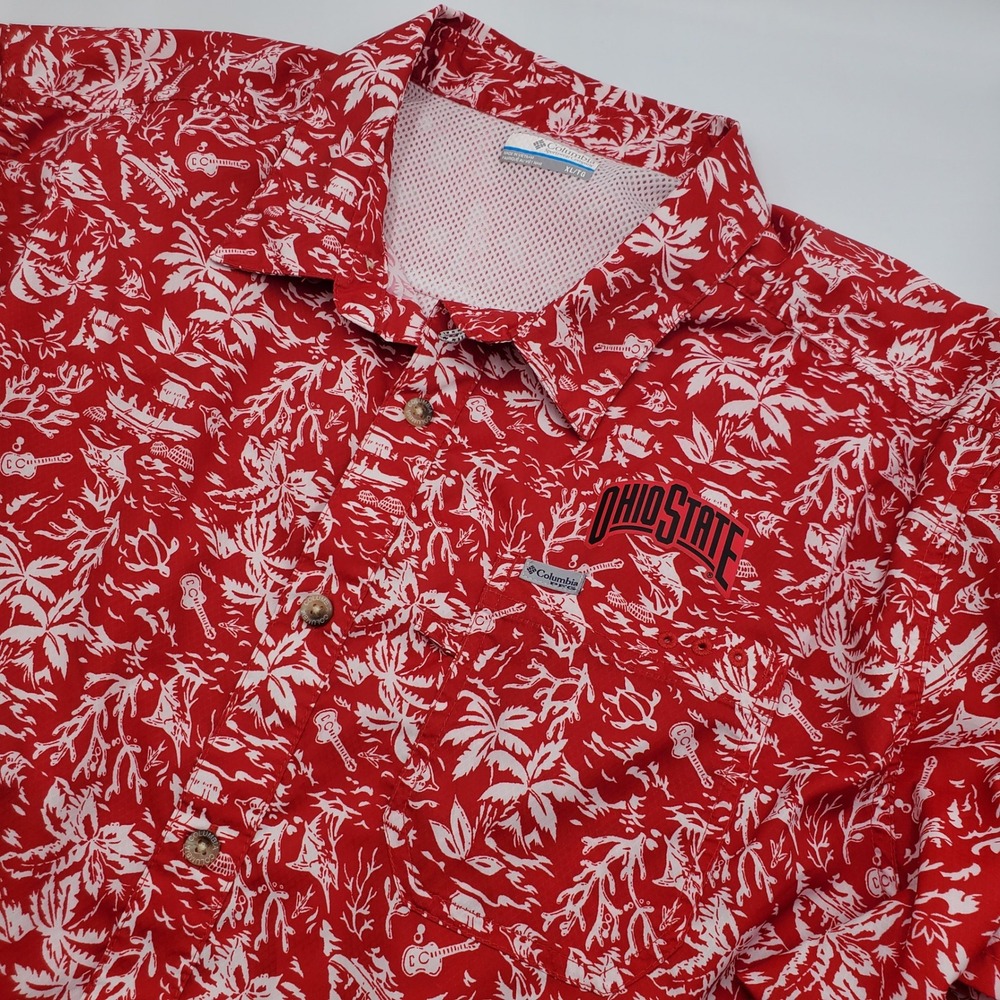 Columbia PFG Ohio State Buckeyes Red Tropical Print Shirt Mens XL